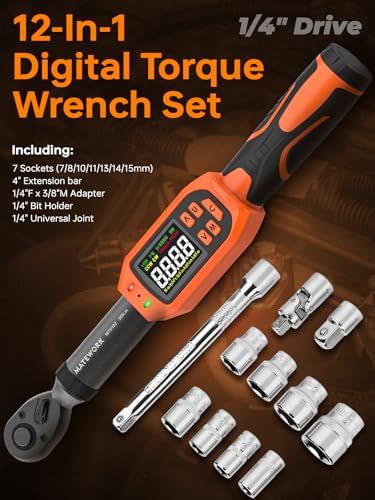 Matework 1/4 Torque Wrench Digital, (13.5-265 In-Lb/1.5-30 Nm), 12Pcs Inch Pound Digital Torque Wrench Set with Buzzer & LED Indicator, ±1% Accuracy, Sockets & Adapters for for Bike Moto Gunsmithing - size: 1/4-Inch (13.5-265 in·lb)