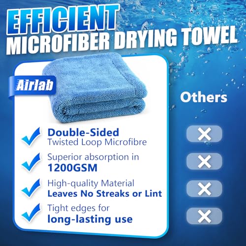Airlab Car Drying Towel Microfiber Towels for Cars 1200 GSM Wash Auto Detailing Supplies Twist Pile Cleaning Cloth Absorbent Quick Dry Soft Loop Dry Flash Towel, 24 x 16 Inch,Pack of 1, Blue - color: 24 X 16 Inch, Pack of 1, Light Blue, 1200 Gsm