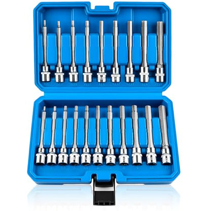 20PCS Extra-Long Allen Hex Bit Socket Set, 3/8 Inch Drive Allen Socket Set, SAE & Metric(1/8"-7/16", 3-12mm), CR-V and S2 Alloy Steel