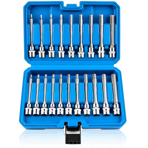 20PCS Extra-Long Allen Hex Bit Socket Set, 3/8 Inch Drive Allen Socket Set, SAE & Metric(1/8"-7/16", 3-12mm), CR-V and S2 Alloy Steel