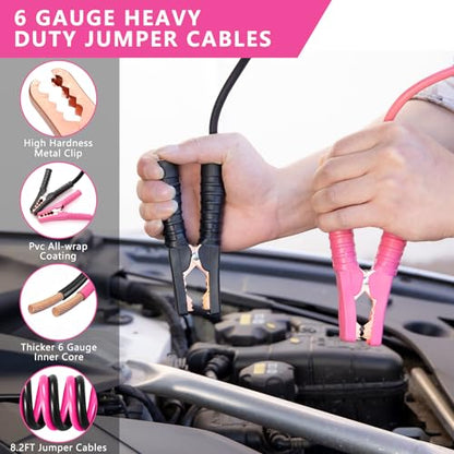 Car Emergency Kit with Portable Air Compressor - Roadside Assistance Emergency Kit with Jumper Cables, First Aid Kit, Auto Tool Set, Winter Safety Kit for Women, Men, Teen (Pink) - color: Pink