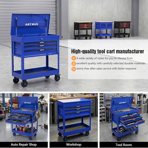Rolling Tool Chest with Metal Top, 3-Drawer Tool Cart with Wheels, Blue | Ball-Bearing Slides, Powder-Coated Finish, Side Tool Rack, Lockable, Locking Brakes, Ergonomic Push Handle - color: Blue