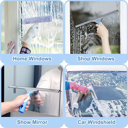 Mitclear Professional Window Cleaning Kit 14IN, Windows Cleaner Tool with Silicone Squeegee, Microfiber Scrubber & Cloth, Window Washing Equipment or Home Shower Glass Doors Car Windshield - size: 14 IN
