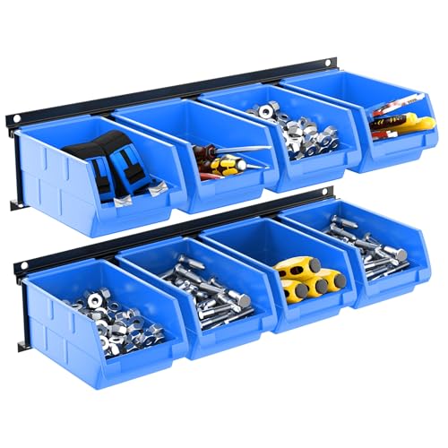 TORACK Wall-Mounted Storage Bins - 8 Plastic Bins & 2 Metal Tracks for Tools Organization in Garage, Craft Room, and Shop(Blue) - color: Blue