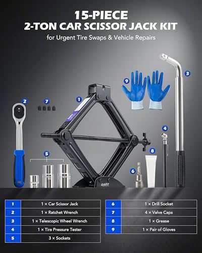 Orion Motor Tech 2 Ton Scissor Jack, 15 pc. Dual-Action Car Scissor Jack Kit for Sedan SUV MPV with Ratchet Wrench Drill Sockets, 4409 lb. Portable Car Jack and Stand Kit for Spare Tire Changing - style: Double Tooth