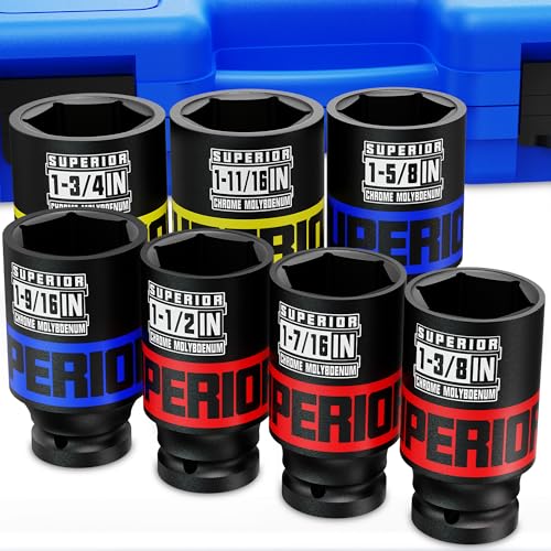 7 Piece 1/2" Drive Impact Socket Set, 1-3/8" - 1-3/4" Axle Nut Socket, SAE, CR-MO, 6 Point, Large Equipment Maintenance, Home Repair, Car Repair and More - size: 1/2" Heavy SAE