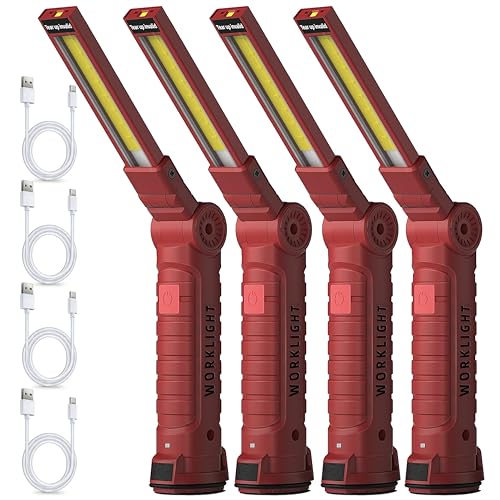 Rechargeable Work Light Flashlight, Tool Fathers Day Dad Gifts for Men Him Husband Grill Light Inspection Lamp with Magnetic Base Hook, 5 Modes 360° Rotate Car Emergency Repair 4 Pack - color: RED 4PCS