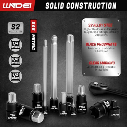 LLNDEI 115-Piece Torx & Allen Bit Socket Set, 1/4",3/8"and 1/2" Drive, Extra Long Torx//Tamper Proof Torx/Hex/Ball End Hex Socket Set, S2 Steel, SAE/Metric, with Ratchet Wrench & Adapters
