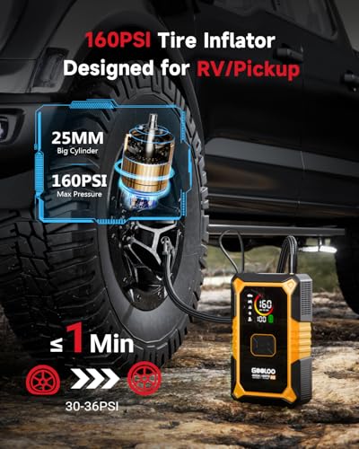 GOOLOO A5 Jump Starter with Air Compressor, 4000A Car Battery Booster | 4-in-1: 4000A Portable Car Jump Starter - 160 PSI Auto-Off Inflator - 45W USB-C Output with Built-In Cable - LED Flashlight - color: Yellow