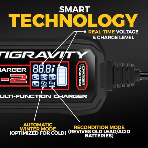 Antigravity Super-Charger – 2-Amp 6V/12V Multi-Function Battery Charger & Maintainer for Lithium (LiFePO4) and Lead/Acid Batteries, LCD Display, Auto Winter Mode, Recondition Feature