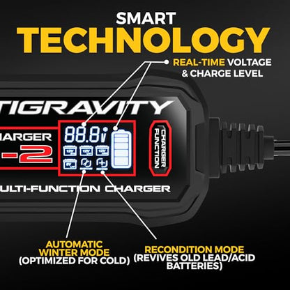 Antigravity Super-Charger – 2-Amp 6V/12V Multi-Function Battery Charger & Maintainer for Lithium (LiFePO4) and Lead/Acid Batteries, LCD Display, Auto Winter Mode, Recondition Feature