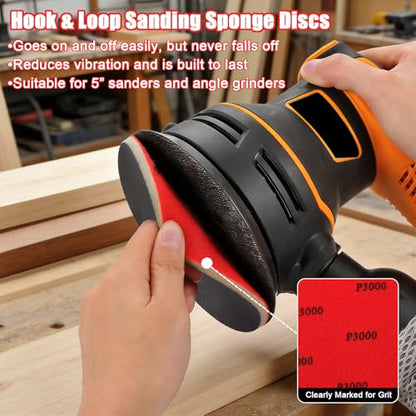 MAXMAN 18pcs Foam Sanding Pads, 5 Inch Bowling Sanding Pads, 1200-1500 Grit Sanding Sponge Set, Reusable Wet Dry Sandpaper Block for Random Orbital Sander, Wood, Metal, Auto Polishing &Curved Surfaces - size: 5 inch, style: 1200-1500 Grit