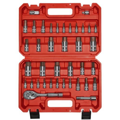 AMM 38PCS Master Allen Socket Set，SAE and Metric Hex Bit Socket Set，1/4"， 3/8"，1/2" Drive，H1.5 ~ H19 & H1/16 ~ H3/4，3/8" Ratchet，Extension Bar and Socket Adapters