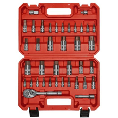 AMM 38PCS Master Allen Socket Set，SAE and Metric Hex Bit Socket Set，1/4"， 3/8"，1/2" Drive，H1.5 ~ H19 & H1/16 ~ H3/4，3/8" Ratchet，Extension Bar and Socket Adapters