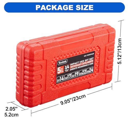 Toolwiz 3/4 Inch Drive Impact Hex Bit Set, 5-Piece Metric 14mm-24mm, Cr-Mo | One-Piece Construction, Impact Grade, Professional Automotive Impact Bit Socket Set, Heavy Duty PVC Storage Case - size: 3/4" Drive (0.55"-0.94")