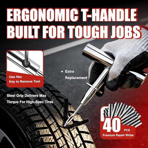 AWELCRAFT 68-Piece All-in-One Heavy Duty Tire Plug Kit – Professional Tire Repair Set, T-Handle Tools, Valve Kit, 40 Plugs, Pliers, Knife – Universal for Car - size: 68 Piece Repair Kit