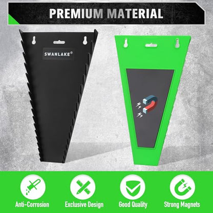 Magnetic Wrench Organizer 2-Piece, 32-Slot Drawer Storage, SAE (1/4" to 1-1/16"), Metric (6mm to 24mm), Green and Black - color: 32-Slot Green&Black