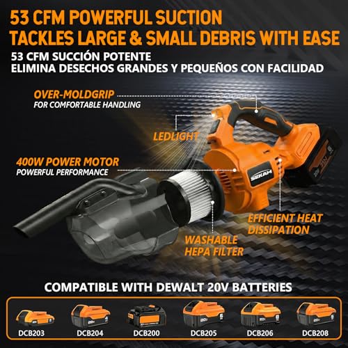 SEKAM Cordless Vacuum Cleaner for DeWalt 20V Battery, Handheld Vacuum with 400W Motor, 53 CFM Portable Garage Vacuum for Home Pet Hair Car Detailing (Battery Not Included)