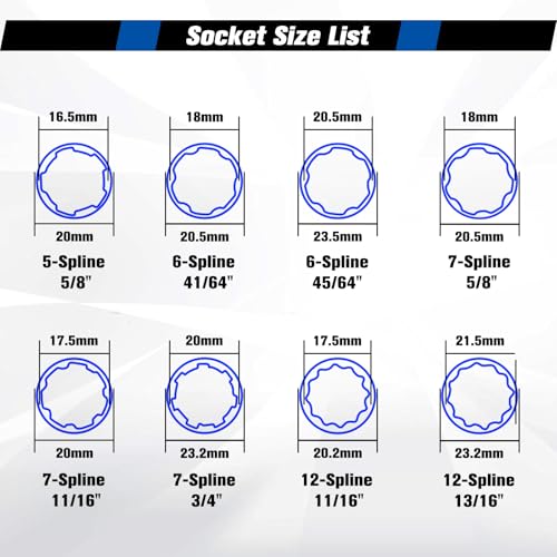 8-Piece Lug Nut Socket Set, 6 Spline & 7 Spline Lug Nut Removal Tool, Heavy-Duty Locking Wheel Lock Removal Kit for Aftermarket & Factory Wheels, with Organized Storage Case