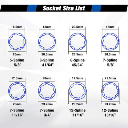 8-Piece Lug Nut Socket Set, 6 Spline & 7 Spline Lug Nut Removal Tool, Heavy-Duty Locking Wheel Lock Removal Kit for Aftermarket & Factory Wheels, with Organized Storage Case