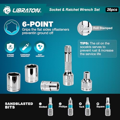 LIBRATON 26PCS 1/4" Drive Mini Socket & Ratchet Wrench Set with Bits, 4-14mm Metric Shallow Sockets, Mini Ratchet Set, Screwdriver Bit Set, Extension Bar, with Storage Case for DIY, Auto Repair