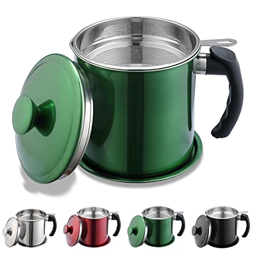 Kyraton Bacon Grease Container With Strainer, 48 oz Metal Shining Green Coating Oil Container, Pot Fat Storage With Lid, Easy Grip Handle Suitable For Storing Frying Oil And Cooking Grease - color: 3. Metal Green