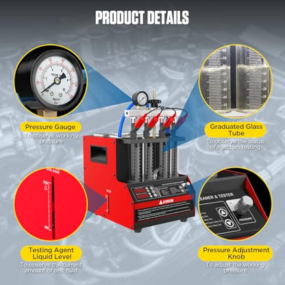 CT160 Fuel Injector Cleaner & Tester, 4-Cylinder Ultrasonic Cleaning Machine with Heating & 11 Test Modes for Cars Motorcycles - 110V/220V - color: Red