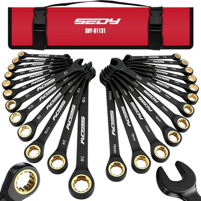 Premium 24-Piece Ratcheting Wrench Set, SAE(1/4-7/8") & Metric(8–19mm) Combination Wrenches, 72-Tooth CR-V Steel with Durable Black Finish, Ratchet Spanners with Roll-Up Tool Pouch for Repair - style: 24-Pc Ratcheting (Black Finish)