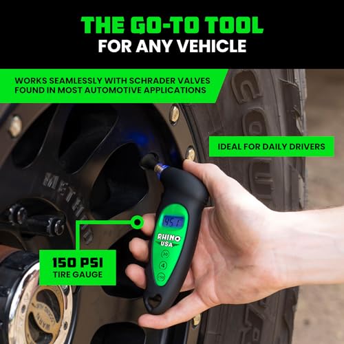 Rhino USA Digital Tire Pressure Gauge 150 PSI, 4 Ranges, Ergonomic Design w/Lighted Nozzle & LCD Backlit Display - Certified Accurate Readings, Best Digital Gage (Green) - color: Green, size: 150 PSI