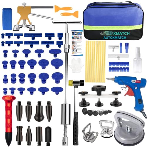 97 PCs Dent Puller Kit, PDR Tools-Car dent pop Out Tool kit | Paintless Dent Removal Kit with Golden Lifter, Bridge Puller, Slide Hammer T-Bar, Suction Cups, Glue Gun, Puller Tabs etc.