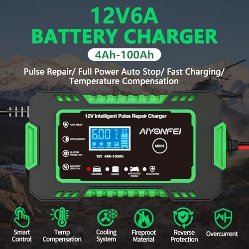 12V 6-Amp Battery Charger, Smart Trickle Charger Maintainer Green | Battery Desulfator, Winter & Summer Mode, Lead-acid Battery Chargers, for Car Truck Motorcycle Lawn Mower Boat - color: GREEN