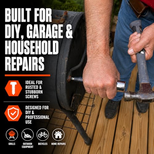 GreatNeck Reversible Manual Impact Driver Set 4 Bits for Rusted Screws | 3/8" Drive Impact Driver Set w/ 4 Drill Bits for Rusted Screws & Stubborn Fasteners, Chrome Vanadium Steel Bits
