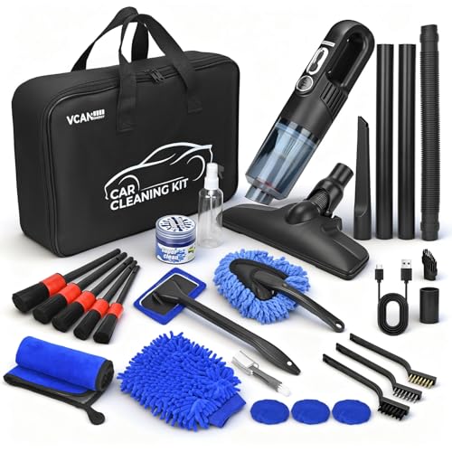 28PCS Car Detailing Kit Interior Cleaner, Car Interior Cleaning Kit with Cordless Handheld Vacuum, 2-in-1 Mop, Interior Car Detailing Brushes, Windshield Cleaner, Car Accessories Gift for Men Women
