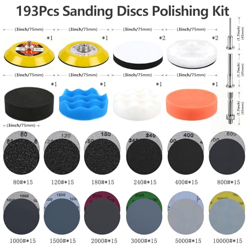 193 Pcs 3 Inch Sanding Discs, Headlight Restoration Polishing Kit | 80-10000 Grit Wet Dry Hook & Loop Sandpaper, Drill Sanding Attachment with Rotary Tools for Auto, Glass & Resin Expoxy - style: 3 Inch-193Pcs