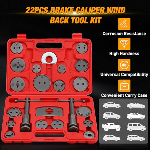 GOOACC 22pcs Disc Brake Caliper Compression Tool Set, Caliper Piston Compressor Tool for Brake Pad Replacement Reset Heavy Duty Brake Tools Brake Caliper Piston Rewind Tool Caliper Press Tool Kit,Red - color: 22pc Brake Caliper Red