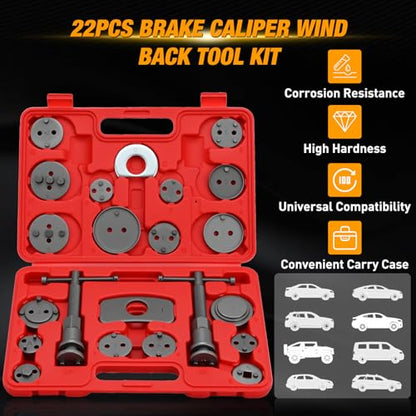 GOOACC 22pcs Disc Brake Caliper Compression Tool Set, Caliper Piston Compressor Tool for Brake Pad Replacement Reset Heavy Duty Brake Tools Brake Caliper Piston Rewind Tool Caliper Press Tool Kit,Red - color: 22pc Brake Caliper Red