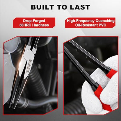 5PC 11" Long Reach Needle Nose Pliers Set | 5-piece 11" long reach needle nose pliers set with bent nose & hose gripper. 58HRC carbon steel for tight engine bays.