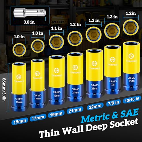 Impact Lug Nut Socket,8 Pieces Thin Wall Impact Sockets | Non-Marring Impact Socket Set,1/2 Deep Wheel Protector Metric 15 17 19 21 22 MM & SAE 13/16 7/8 in.Cr-Mo Steel