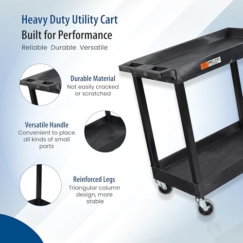 Luxor 32" x 18" Tub Storage Cart 2 Shelves - Black, (EC11-B) | Heavy-duty HDPE plastic utility rolling station with 4 inch swivel casters; ideal for mechanic garage, warehouse and office