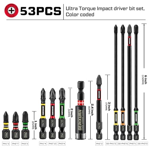 Geinxurn 52pcs Impact #1#2#3 Phillips Screwdriver Bits Set, 1” 2” 3” 6” (PH1/PH2/PH3) Magnetic S2 Steel Cross Driver Bits Set and 1pc Impact Bit Holder with Color Coded Base - size: 53pcs-Mix-PH