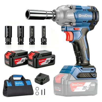 Dong Cheng 20V Brushless Impact Wrench, Max Torque 503 ft-lbs (682 N.m), 2x4.0Ah Battery, 1/2" with 3 Mode Speed, 2400 RPM Cordless Impact Gun, Includes Charger, 4 Impact Sockets and Kit Bag - style: Two Batteries