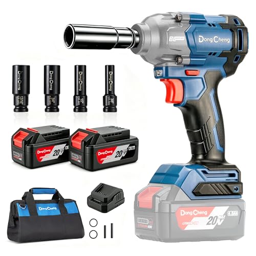 Dong Cheng 20V Brushless Impact Wrench, Max Torque 503 ft-lbs (682 N.m), 2x4.0Ah Battery, 1/2" with 3 Mode Speed, 2400 RPM Cordless Impact Gun, Includes Charger, 4 Impact Sockets and Kit Bag - style: Two Batteries