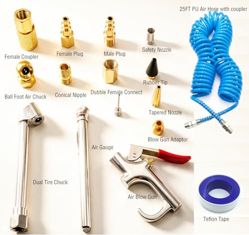 22PCS Air Compressor Accessories Kit, 25FT Hose with Air Blow Gun, Tire Inflator, Tire Gauge, Universal 1/4" NPT Kit for Air Tools