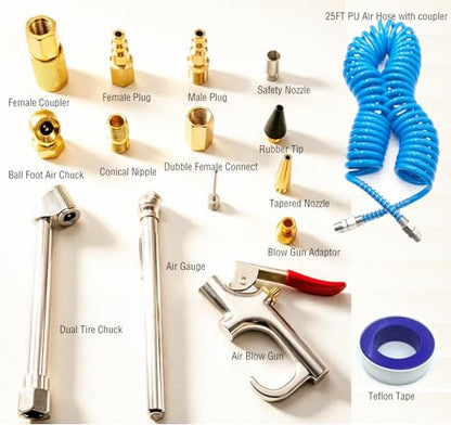 22PCS Air Compressor Accessories Kit, 25FT Hose with Air Blow Gun, Tire Inflator, Tire Gauge, Universal 1/4" NPT Kit for Air Tools