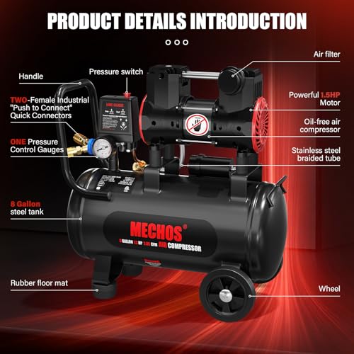 Portable Air Compressor with 8 Gallon Steel Tank, 1.5 HP 2.85 CFM @ 90 PSI, 116 Max PSI Oil-Free Air Compressor for Garage, Home Use, Tire Inflation, Nail Gun, DIY Projects,110V - style: 8Gallons
