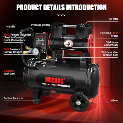 Portable Air Compressor with 8 Gallon Steel Tank, 1.5 HP 2.85 CFM @ 90 PSI, 116 Max PSI Oil-Free Air Compressor for Garage, Home Use, Tire Inflation, Nail Gun, DIY Projects,110V - style: 8Gallons