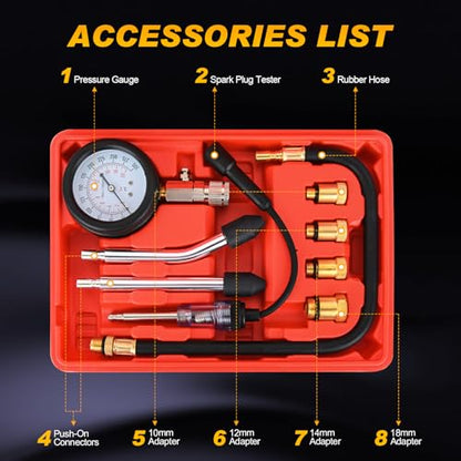 Nilight Compression Tester with Spark Plug Tester, 9PCS Petrol Gas Engine Cylinder Pressure Gauge 0-300 PSI Automotive Tool Set for Cars Trucks Motorcycles - color: 9pcs