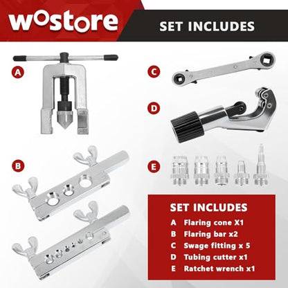 Wostore Flaring & Swaging Tool Kit, 45° HVAC Brake Line, 11-Pc, 1/8-3/4" | 45° single flare & swage for HVAC, refrigeration & brake lines. 11-pc: tube cutter, ratchet wrench, carry case. 1/8 to 3/4"