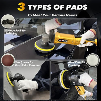 GEVEELIFE Buffer Polisher, 6 Inch/7 Inch 1600W Rotary Car Buffer Polisher Waxer, 7 Variable Speed 1000-3500 RPM, Detachable Handle for Car, Boat Sanding, Polishing, Waxing(Yellow) - color: Yellow