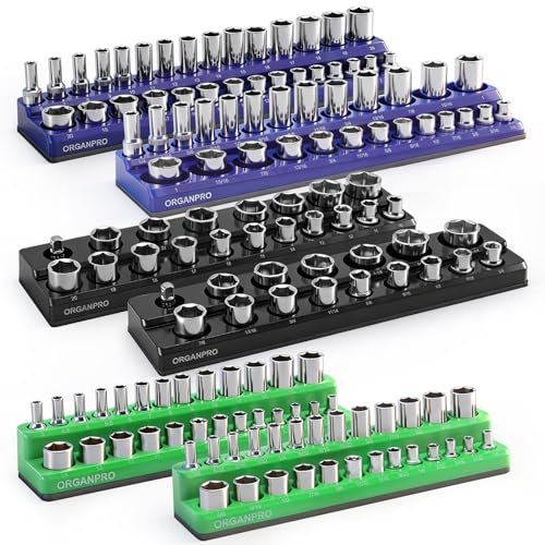 Magnetic Socket Organizer, 143-Socket Holder Tray Set| Strong Base | 3-Color Coded Tool Box Drawer Storage for 1/4", 3/8", 1/2" Drive (Metric/SAE), Non-Scratch Rubber Coated(Socket not Include)